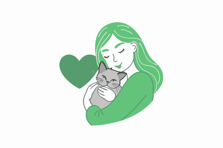 Minimalist girl hugging cat with love on white backgroundのイラスト素材