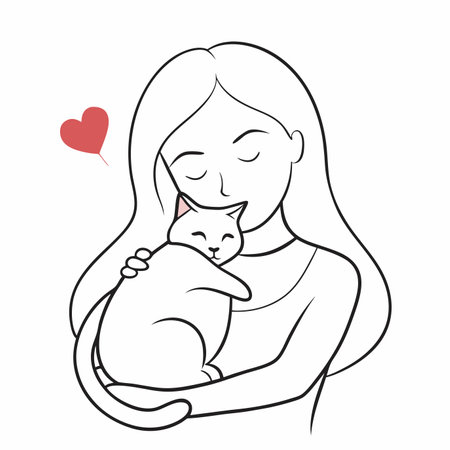 Minimalist girl hugging cat with love on white backgroundのイラスト素材