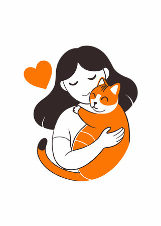 Minimalist girl hugging cat with love on white backgroundのイラスト素材