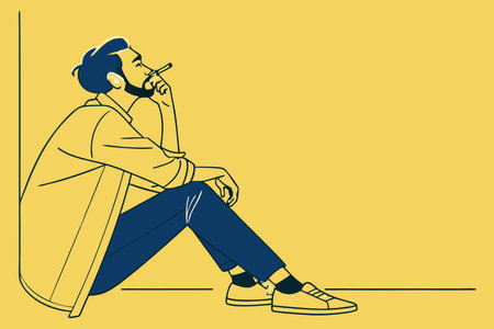 Minimalist man sitting pensive while smoking on white backgroundのイラスト素材