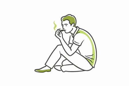 Minimalist man sitting pensive while smoking on white backgroundのイラスト素材