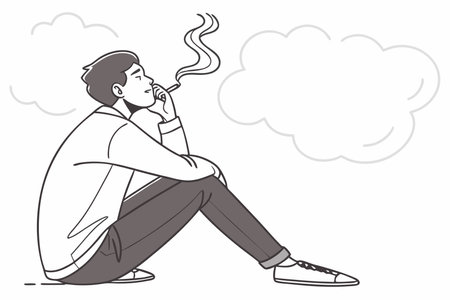 Minimalist man sitting pensive while smoking on white backgroundのイラスト素材