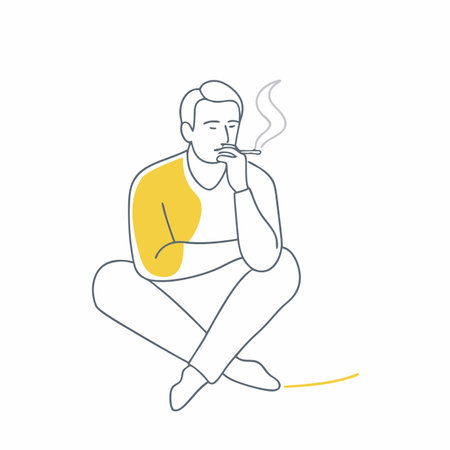 Minimalist man sitting pensive while smoking on white backgroundのイラスト素材