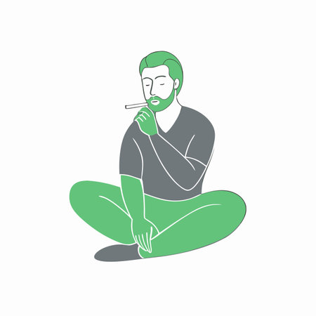 Minimalist man sitting pensive while smoking on white backgroundのイラスト素材