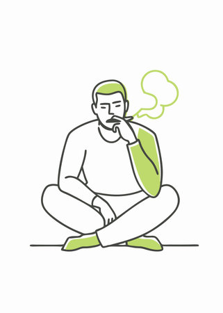 Minimalist man sitting pensive while smoking on white backgroundのイラスト素材
