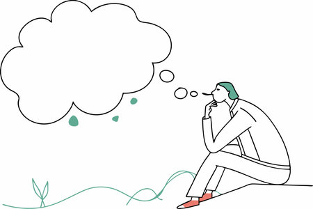 Minimalist man sitting pensive while smoking on white backgroundのイラスト素材