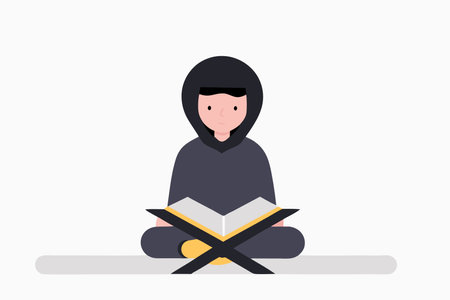 Minimalist muslim kid studying on white backgroundのイラスト素材