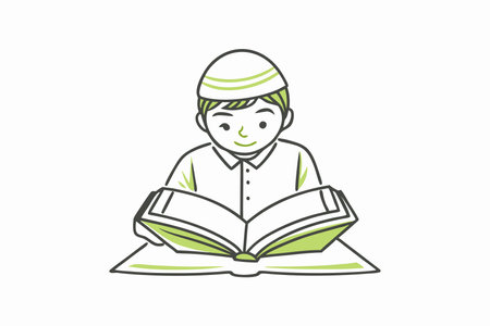 Minimalist muslim kid studying on white backgroundのイラスト素材