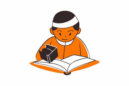 Minimalist muslim kid studying on white backgroundのイラスト素材