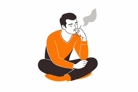 Minimalist man sitting pensive while smoking on white backgroundのイラスト素材