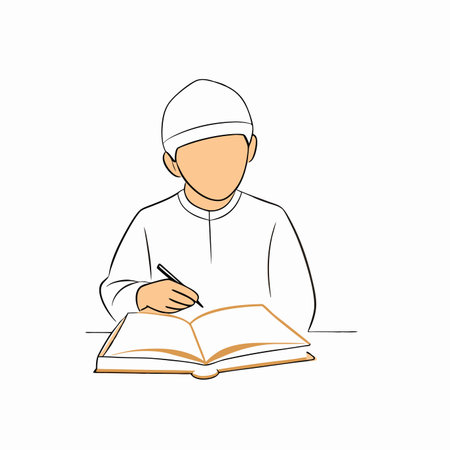 Minimalist muslim kid studying on white backgroundのイラスト素材