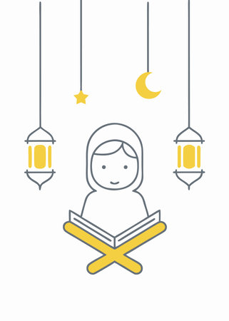Minimalist muslim kid studying on white backgroundのイラスト素材