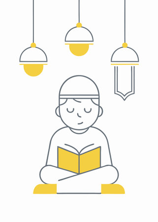 Minimalist muslim kid studying on white backgroundのイラスト素材
