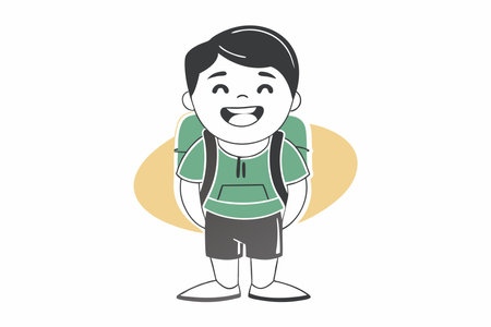 Minimalist Boy smiling with backpack on white backgroundのイラスト素材