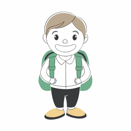Minimalist Boy smiling with backpack on white backgroundのイラスト素材