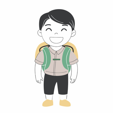 Minimalist Boy smiling with backpack on white backgroundのイラスト素材