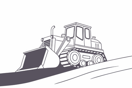 Bulldozer on the road. Heavy duty construction equipment. Vector illustrationのイラスト素材