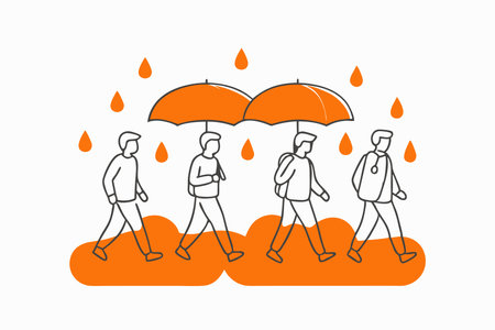 Minimalist students walking in the rain on white backgroundのイラスト素材