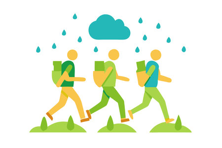 Minimalist students walking in the rain on white backgroundのイラスト素材