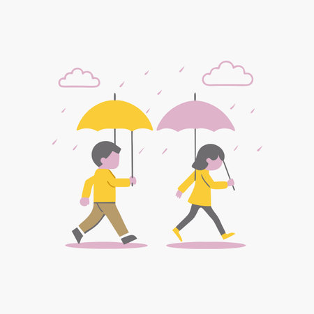 Minimalist students walking in the rain on white backgroundのイラスト素材