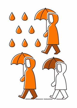 Minimalist students walking in the rain on white backgroundのイラスト素材