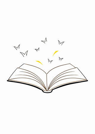 Minimalist Covered opened book with pages fluttering on white backgroundのイラスト素材