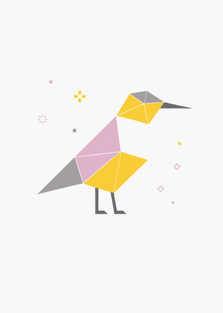 Minimalist birds made of polygonal shapes on white backgroundのイラスト素材
