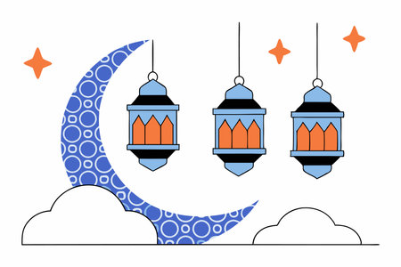 Ramadan kareem decorative moon with hanging lamps artのイラスト素材