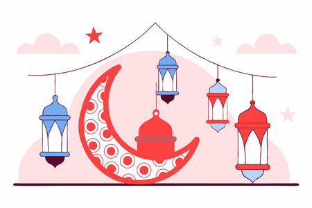 Ramadan kareem decorative moon with hanging lamps artのイラスト素材