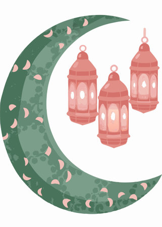 Ramadan kareem decorative moon with hanging lamps artのイラスト素材