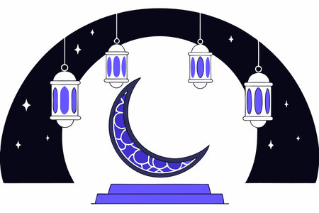 Ramadan kareem decorative moon with hanging lamps artのイラスト素材