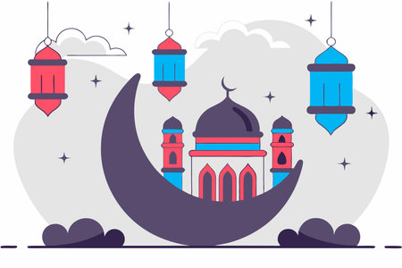 Ramadan kareem decorative moon with hanging lamps artのイラスト素材