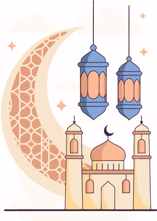 Ramadan kareem decorative moon with hanging lamps artのイラスト素材