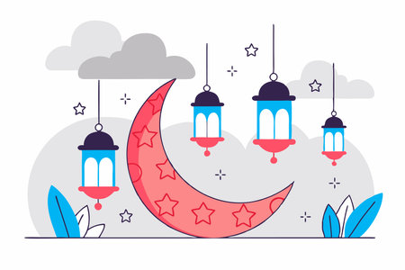 Ramadan kareem decorative moon with hanging lamps artのイラスト素材