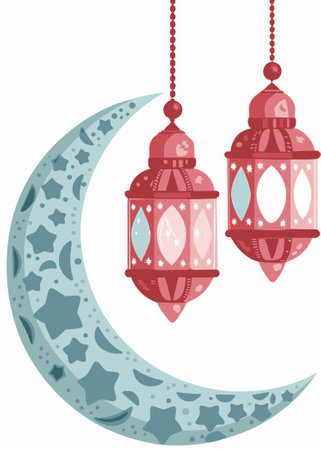 Ramadan kareem decorative moon with hanging lamps artのイラスト素材