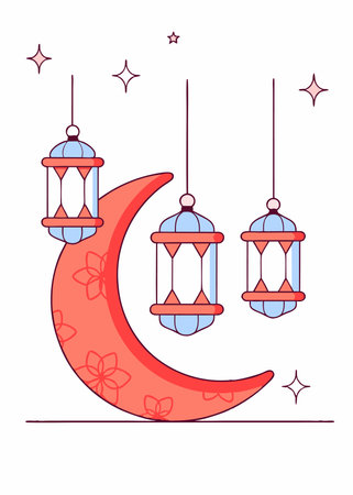 Ramadan kareem decorative moon with hanging lamps artのイラスト素材