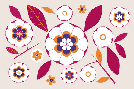 Minimalist Bright stylized round flowers with leaves on white backgroundのイラスト素材