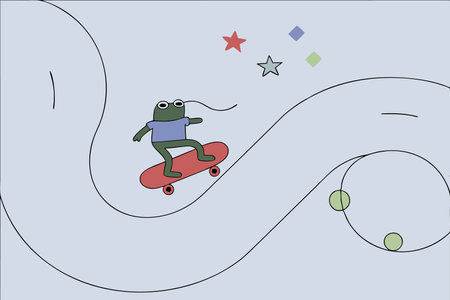 Minimalist frog playing skateboard on white backgroundのイラスト素材