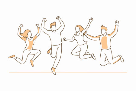 Minimalist People teamwork jumping happy drawing continuous line on white background