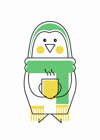 Minimalist Cozy Winter Penguin Clipart on white backgroundのイラスト素材
