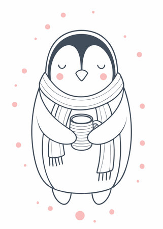 Minimalist Cozy Winter Penguin Clipart on white backgroundのイラスト素材