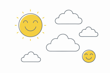 Minimalist Smiling Sun and Clouds Clipart on white background