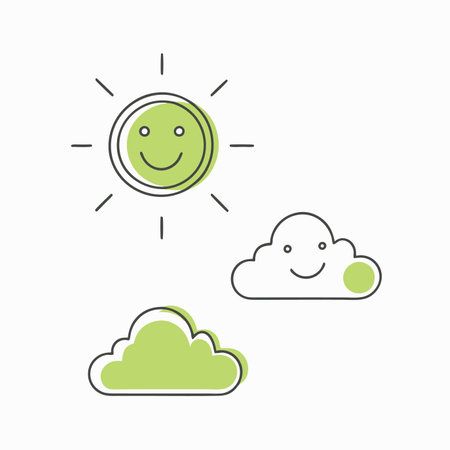 Minimalist Smiling Sun and Clouds Clipart on white backgroundのイラスト素材