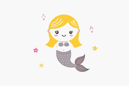Minimalist Cute Mermaid Character Clipart on white backgroundのイラスト素材
