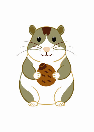 Minimalist Cute Hamster Holding a Nut Clipart on White Backgroundのイラスト素材