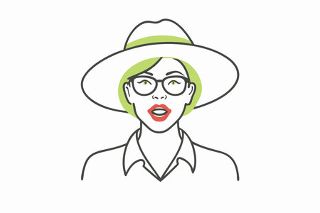 Minimalist lady in graceful hat and glasses bites her lip on White Backgroundのイラスト素材