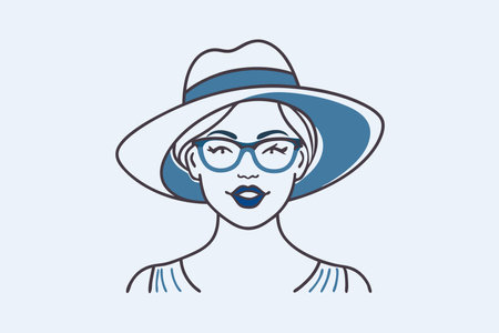 Minimalist lady in graceful hat and glasses bites her lip on White Backgroundのイラスト素材