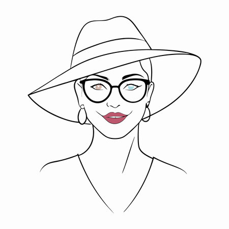 Minimalist lady in graceful hat and glasses bites her lip on White Backgroundのイラスト素材
