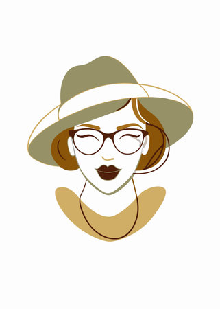Minimalist lady in graceful hat and glasses bites her lip on White Backgroundのイラスト素材