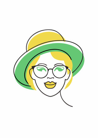 Minimalist lady in graceful hat and glasses bites her lip on White Backgroundのイラスト素材